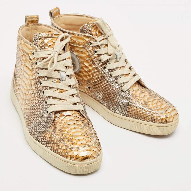 Pre Owned Christian Louboutin Metallic Mustard/Brown Python Leather Rantus Orlato High-Top Sneakers Size 39