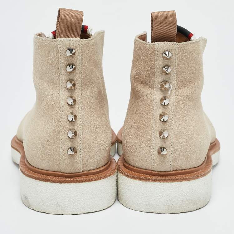 Pre Owned Christian Louboutin Beige Suede Citycrepe Spike Ankle Length Boots Size 40