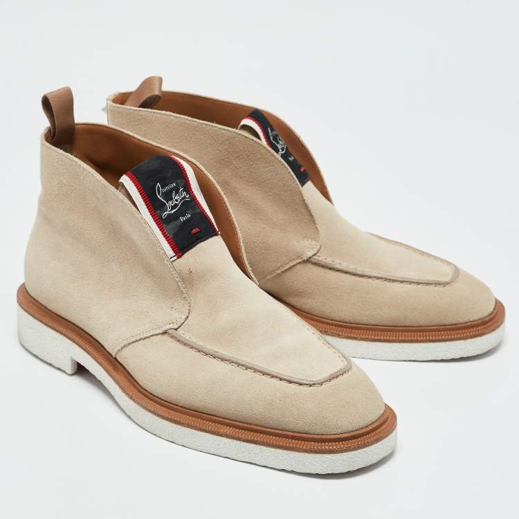 Pre Owned Christian Louboutin Beige Suede Citycrepe Spike Ankle Length Boots Size 40