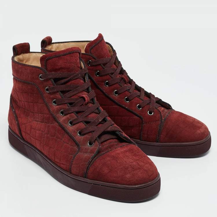 Pre Owned Christian Louboutin Burgundy Croc Effect Suede Louis High Top Sneakers Size 45