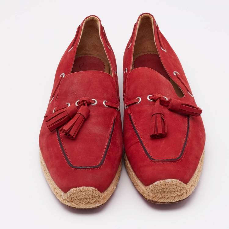 Pre Owned Christian Louboutin Red Nubuck Leather Tassel Embellished Espadrilles Loafers Size 45