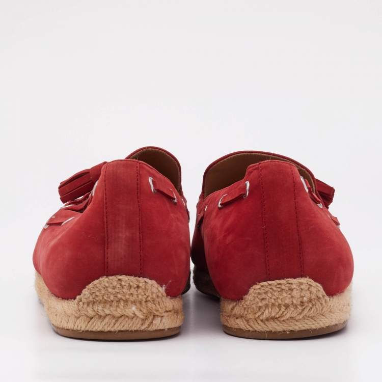 Pre Owned Christian Louboutin Red Nubuck Leather Tassel Embellished Espadrilles Loafers Size 45