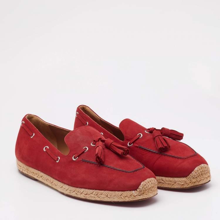 Pre Owned Christian Louboutin Red Nubuck Leather Tassel Embellished Espadrilles Loafers Size 45