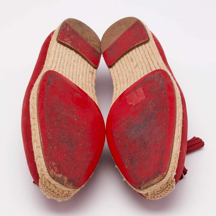 Pre Owned Christian Louboutin Red Nubuck Leather Tassel Embellished Espadrilles Loafers Size 45