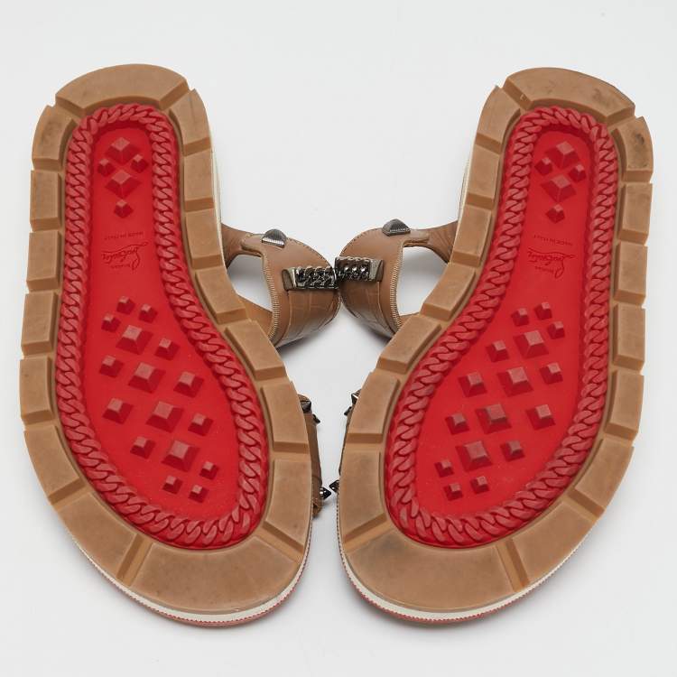 Pre Owned Christian Louboutin Brown Croc Embossed Leather Spike Chain Embellished Flat Sandals Size 44