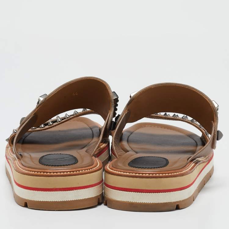 Pre Owned Christian Louboutin Brown Croc Embossed Leather Spike Chain Embellished Flat Sandals Size 44