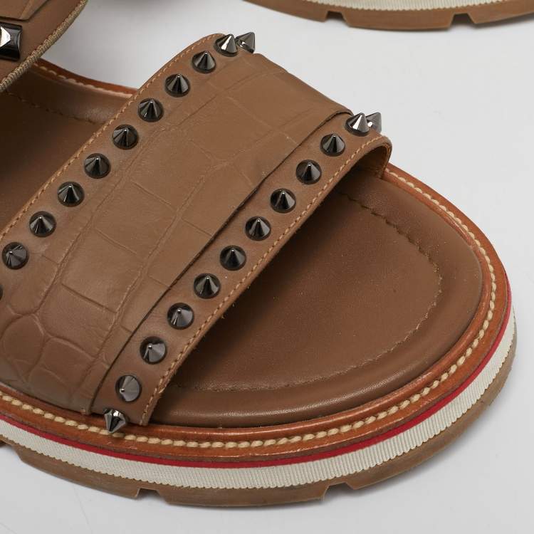 Pre Owned Christian Louboutin Brown Croc Embossed Leather Spike Chain Embellished Flat Sandals Size 44