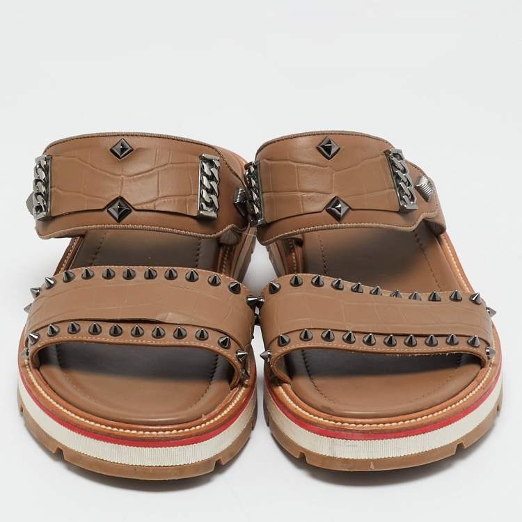 Pre Owned Christian Louboutin Brown Croc Embossed Leather Spike Chain Embellished Flat Sandals Size 44