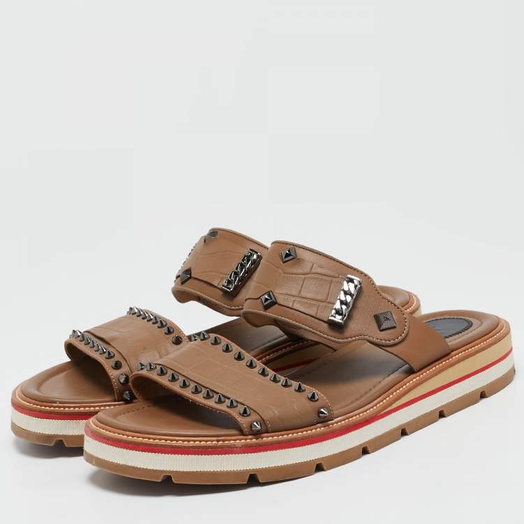 Pre Owned Christian Louboutin Brown Croc Embossed Leather Spike Chain Embellished Flat Sandals Size 44