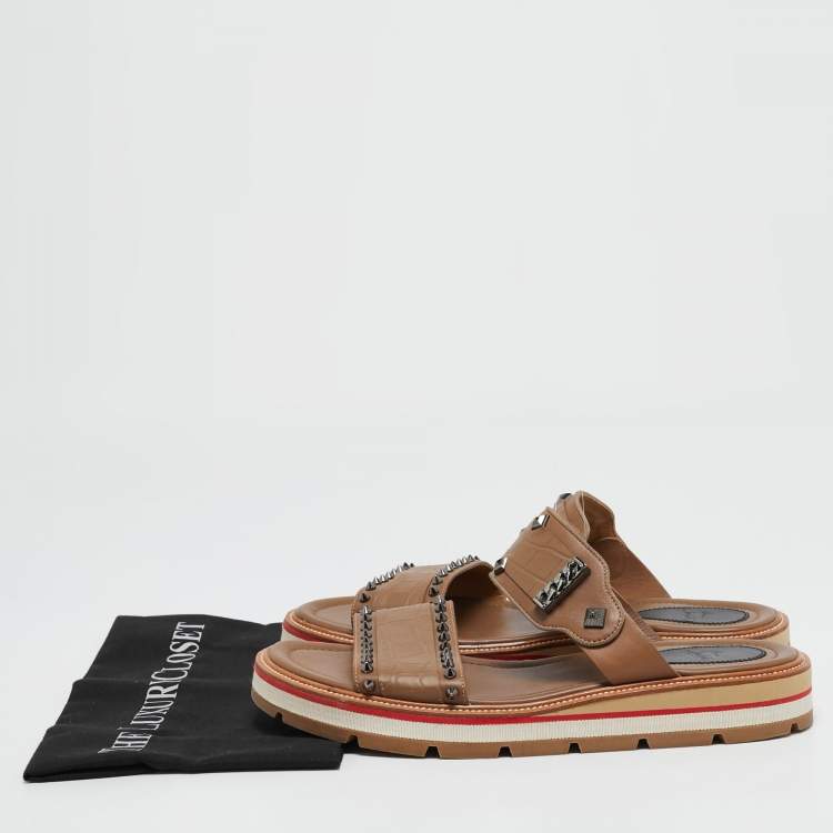 Pre Owned Christian Louboutin Brown Croc Embossed Leather Spike Chain Embellished Flat Sandals Size 44