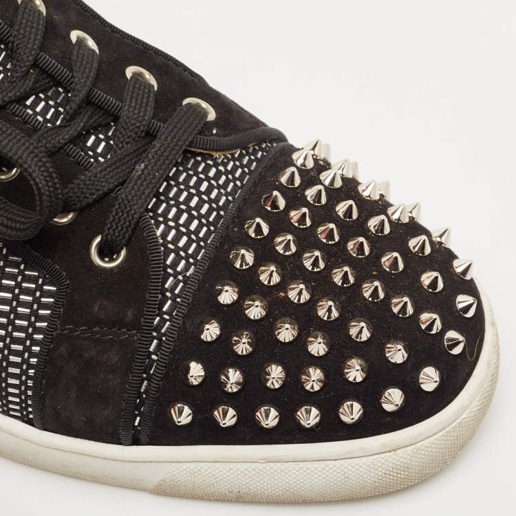 Pre Owned Christian Louboutin Black Suede and Woven Fabric Louis Junior Spikes Orlato Sneakers Size 43.5