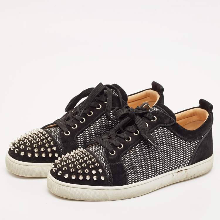 Pre Owned Christian Louboutin Black Suede and Woven Fabric Louis Junior Spikes Orlato Sneakers Size 43.5