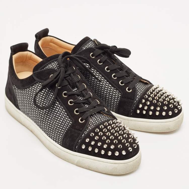 Pre Owned Christian Louboutin Black Suede and Woven Fabric Louis Junior Spikes Orlato Sneakers Size 43.5