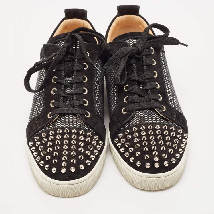 Pre Owned Christian Louboutin Black Suede and Woven Fabric Louis Junior Spikes Orlato Sneakers Size 43.5