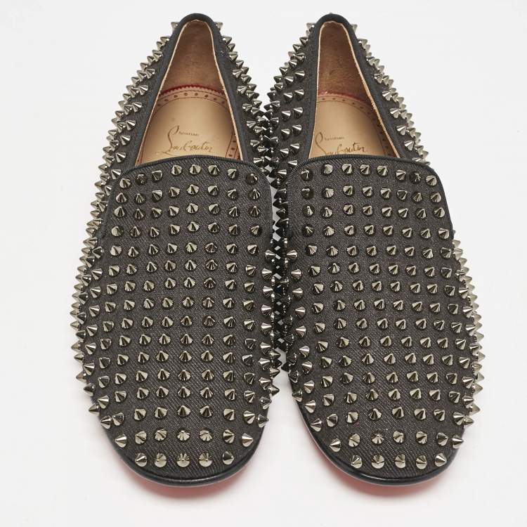 Pre Owned Christian Louboutin Black Canvas Dandelion Spikes Loafers Size 41.5