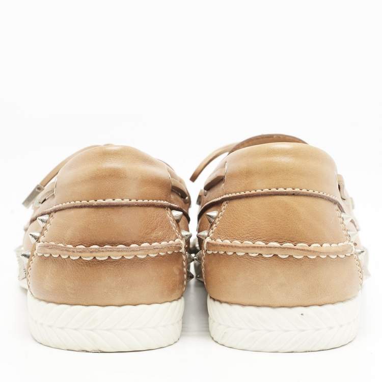 Pre Owned Christian Louboutin Beige Leather Spike Yacht Loafers Size 45