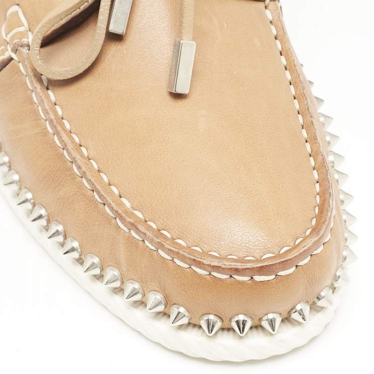 Pre Owned Christian Louboutin Beige Leather Spike Yacht Loafers Size 45