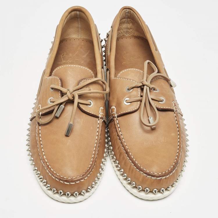 Pre Owned Christian Louboutin Beige Leather Spike Yacht Loafers Size 45