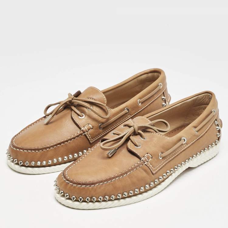 Pre Owned Christian Louboutin Beige Leather Spike Yacht Loafers Size 45
