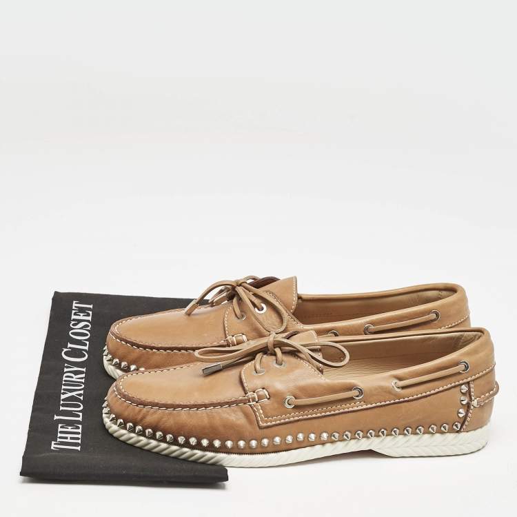 Pre Owned Christian Louboutin Beige Leather Spike Yacht Loafers Size 45