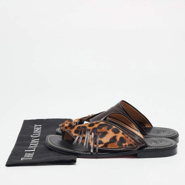 Pre Owned Christian Louboutin Brown Calf Hair and Leather Thong Flats Size 43.5