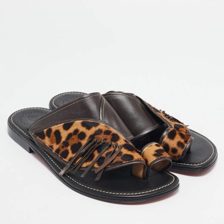 Pre Owned Christian Louboutin Brown Calf Hair and Leather Thong Flats Size 43.5