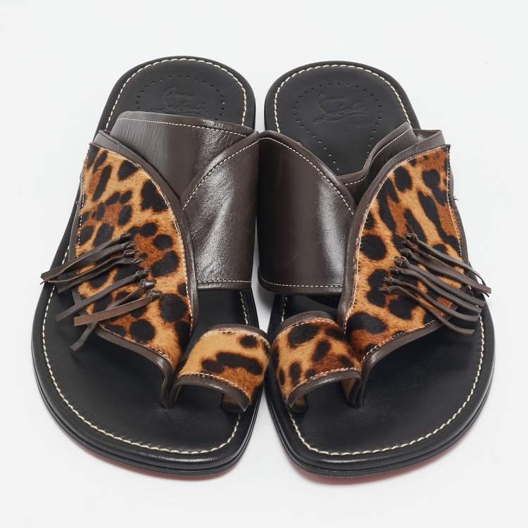 Pre Owned Christian Louboutin Brown Calf Hair and Leather Thong Flats Size 43.5