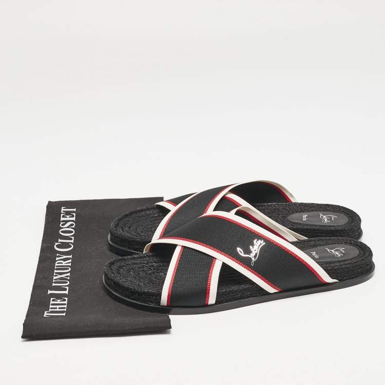 Pre Owned Christian Louboutin Black Canvas Hot Cross Flat Slides Size 43