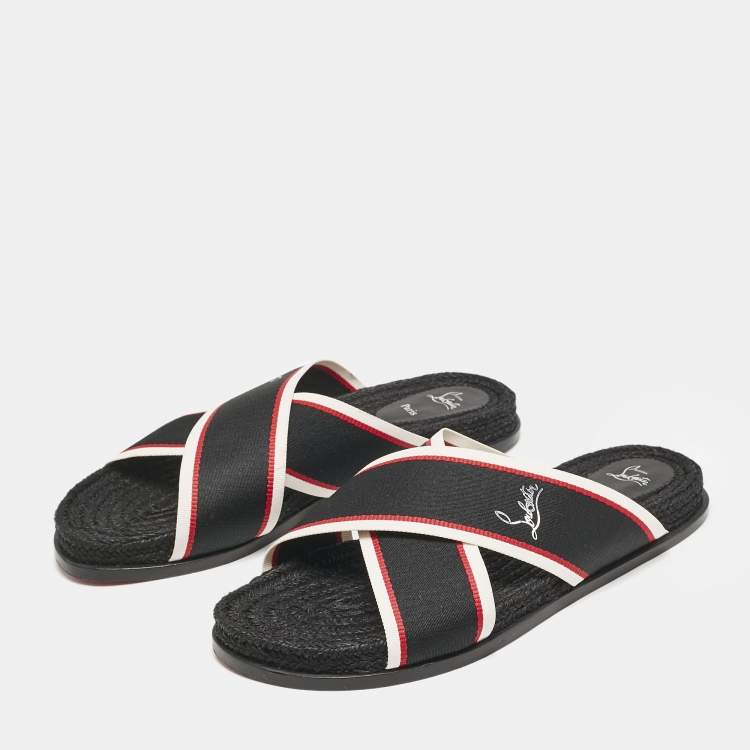 Pre Owned Christian Louboutin Black Canvas Hot Cross Flat Slides Size 43