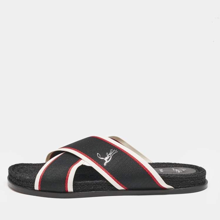 Pre Owned Christian Louboutin Black Canvas Hot Cross Flat Slides Size 43