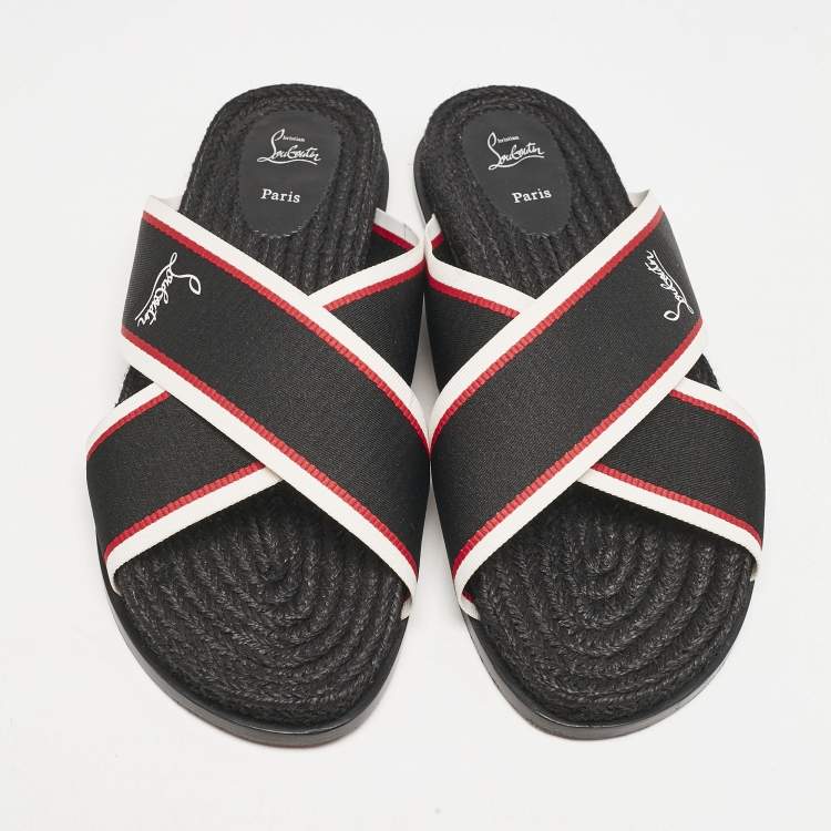 Pre Owned Christian Louboutin Black Canvas Hot Cross Flat Slides Size 43