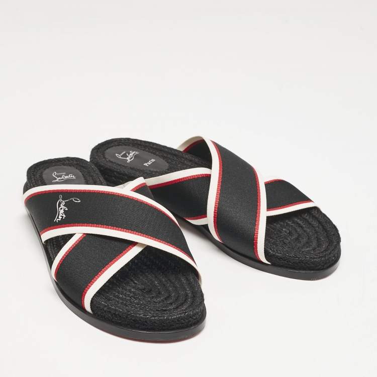 Pre Owned Christian Louboutin Black Canvas Hot Cross Flat Slides Size 43