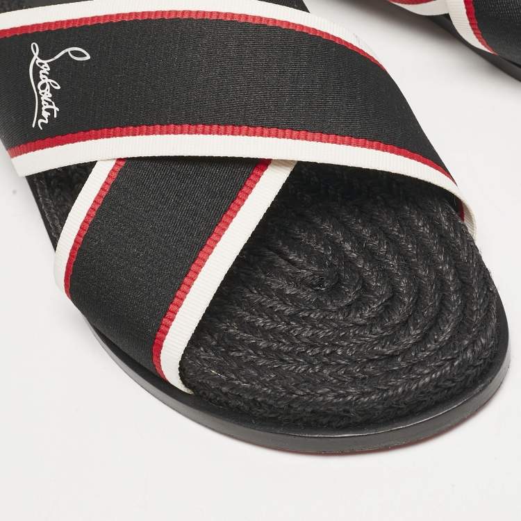Pre Owned Christian Louboutin Black Canvas Hot Cross Flat Slides Size 43