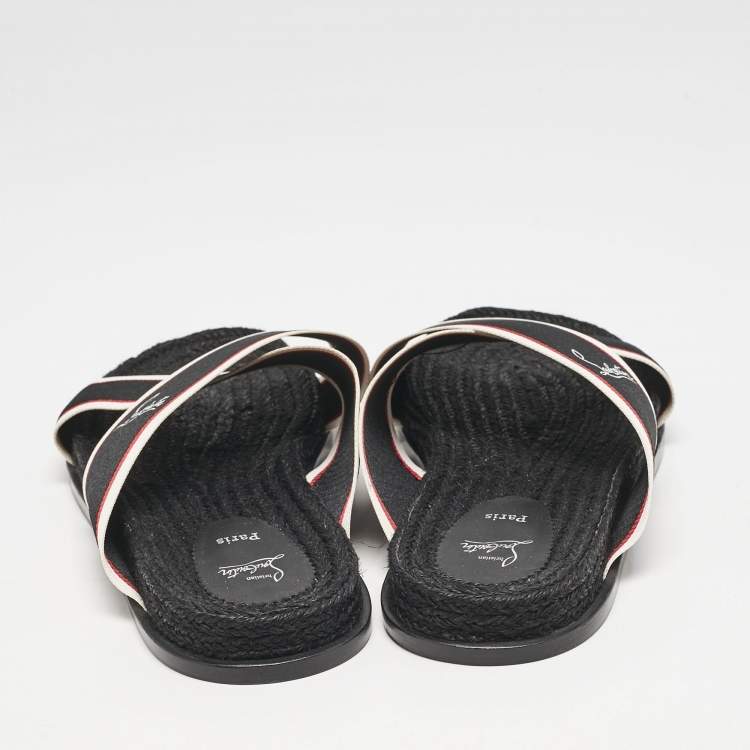 Pre Owned Christian Louboutin Black Canvas Hot Cross Flat Slides Size 43