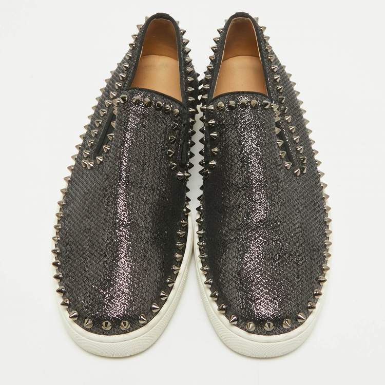 Pre Owned Christian Louboutin Black Laminated Leather Pik Boat Slip On Sneakers Size 41