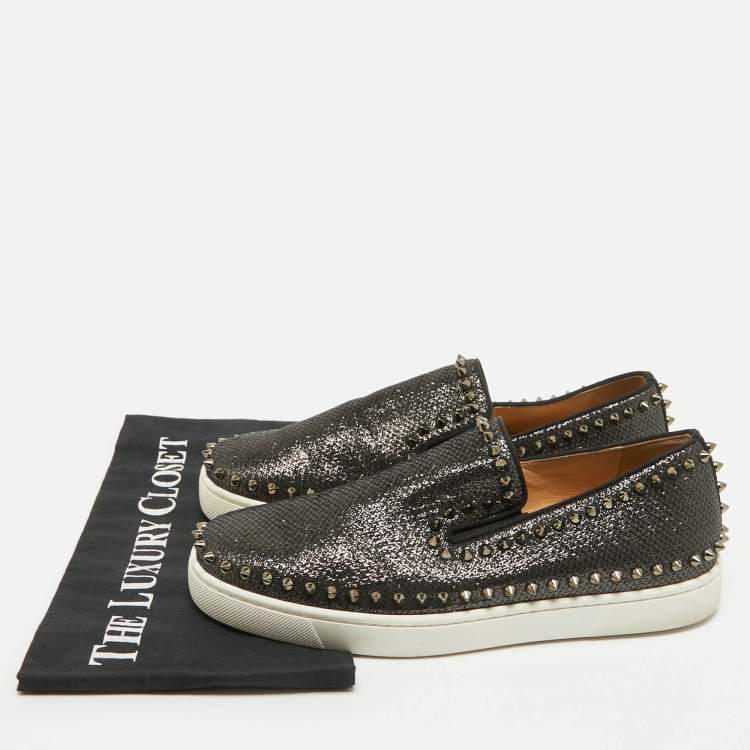 Pre Owned Christian Louboutin Black Laminated Leather Pik Boat Slip On Sneakers Size 41