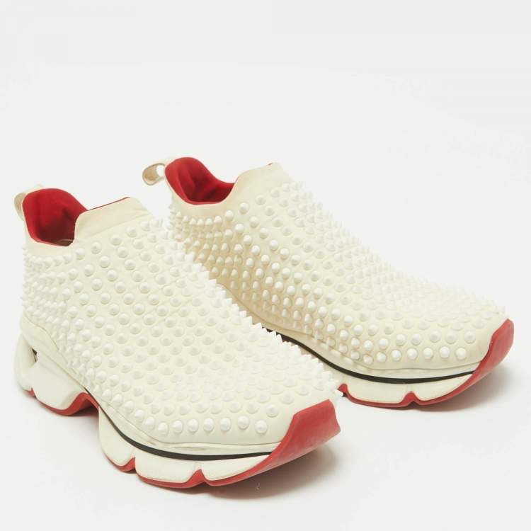 Pre Owned Christian Louboutin White Neoprene Spike Sock Sneakers Size 40