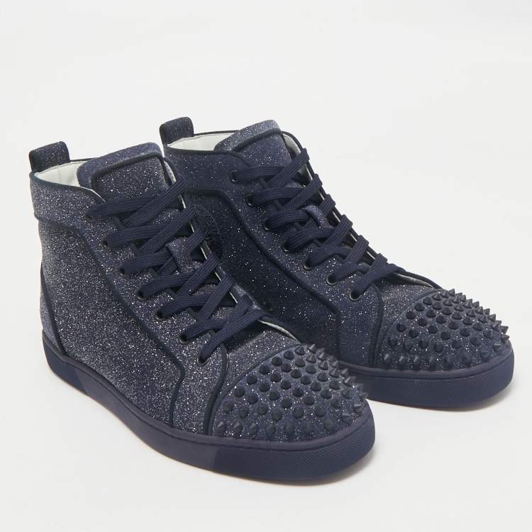 Pre Owned Christian Louboutin Navy Blue Glitter Lou Spikes High Top Sneakers Size 42.5