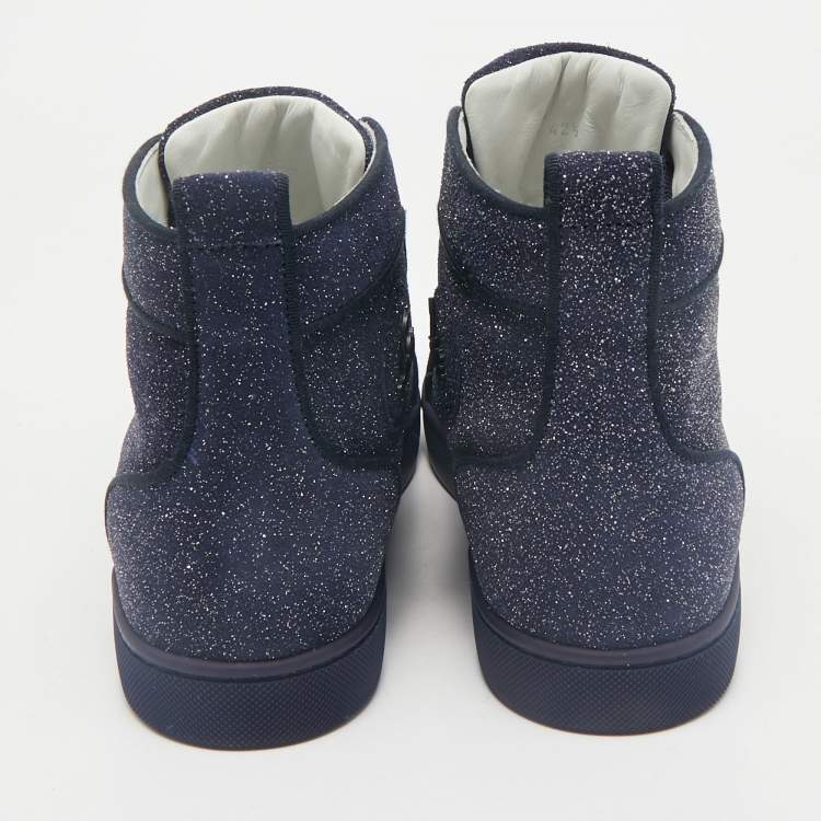 Pre Owned Christian Louboutin Navy Blue Glitter Lou Spikes High Top Sneakers Size 42.5