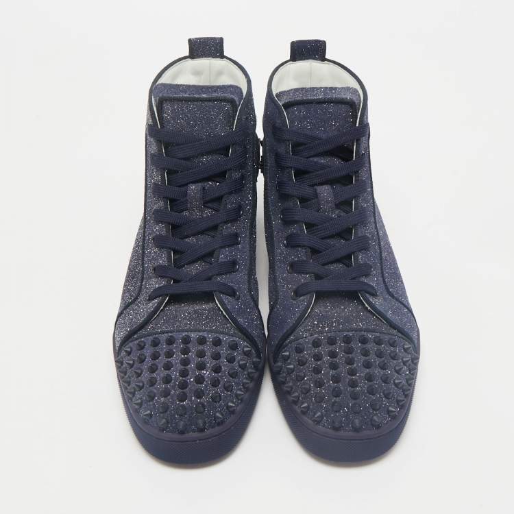 Pre Owned Christian Louboutin Navy Blue Glitter Lou Spikes High Top Sneakers Size 42.5