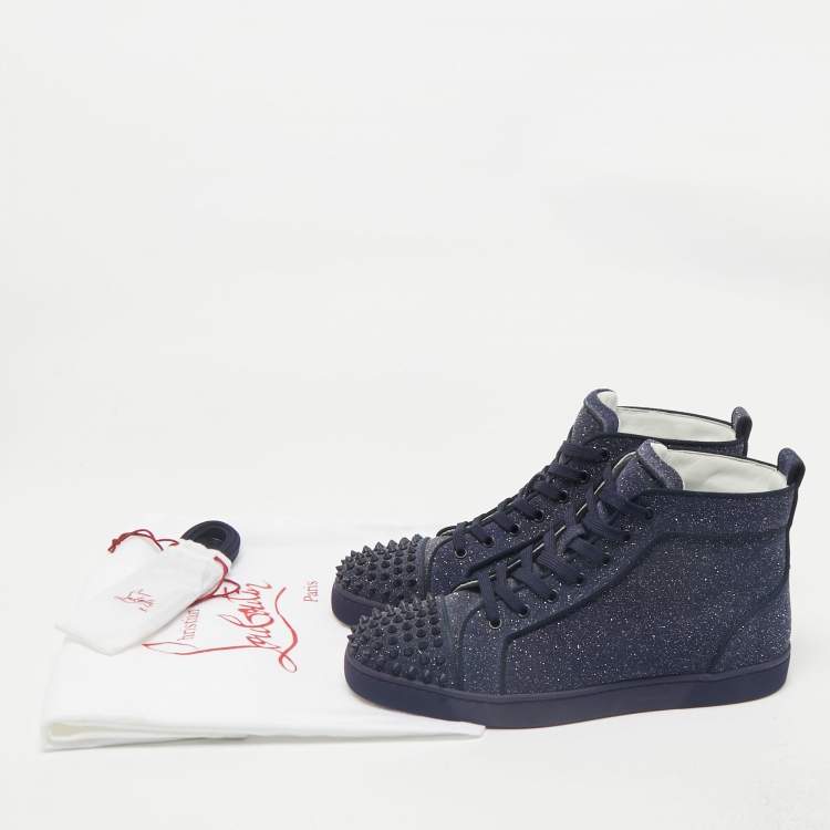 Pre Owned Christian Louboutin Navy Blue Glitter Lou Spikes High Top Sneakers Size 42.5