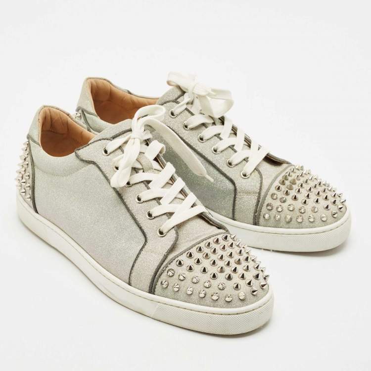 Pre Owned Christian Louboutin Silver Glitter Louis Junior Lace Up Sneakers Size 44.5