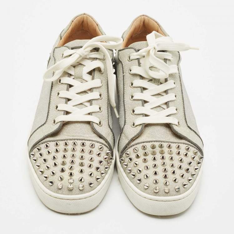 Pre Owned Christian Louboutin Silver Glitter Louis Junior Lace Up Sneakers Size 44.5