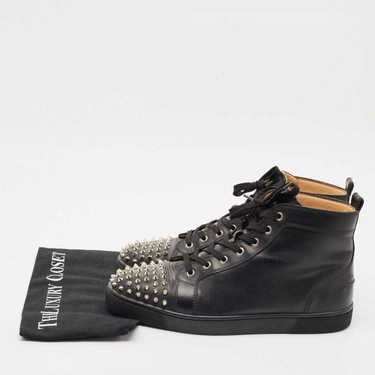Pre Owned Christian Louboutin Black Leather Lou Spikes High Top Sneakers Size 45
