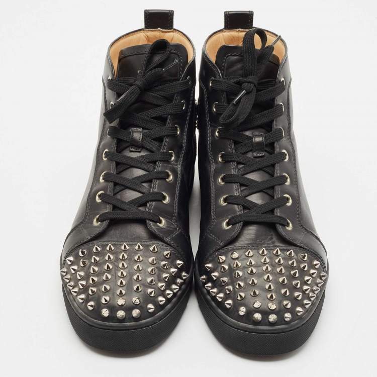 Pre Owned Christian Louboutin Black Leather Lou Spikes High Top Sneakers Size 45