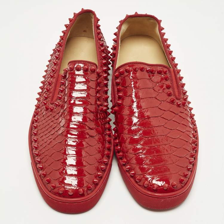 Pre Owned Christian Louboutin Roller Boat Spikes Size 40 Red Python Slip On Sneakers