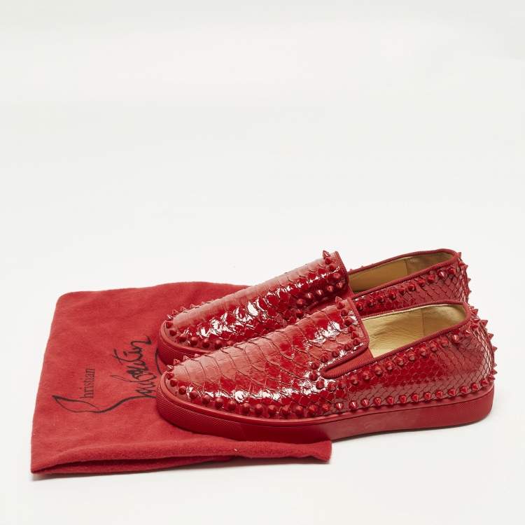 Pre Owned Christian Louboutin Roller Boat Spikes Size 40 Red Python Slip On Sneakers