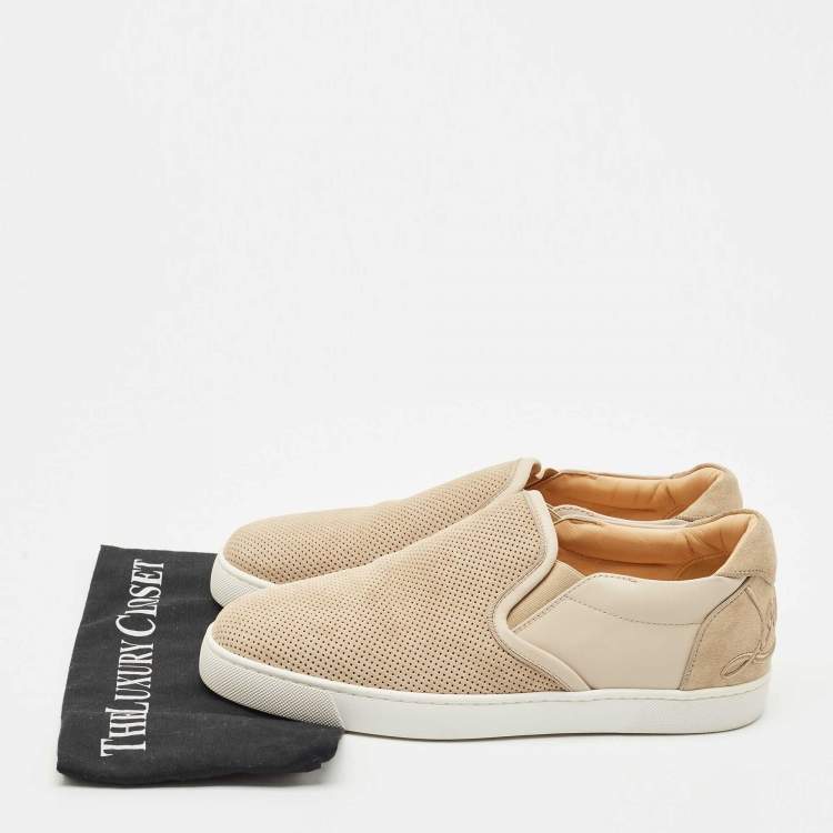 Pre Owned Christian Louboutin Beige Leather and Suede Louis Junior Slip On Sneakers Size 42.5