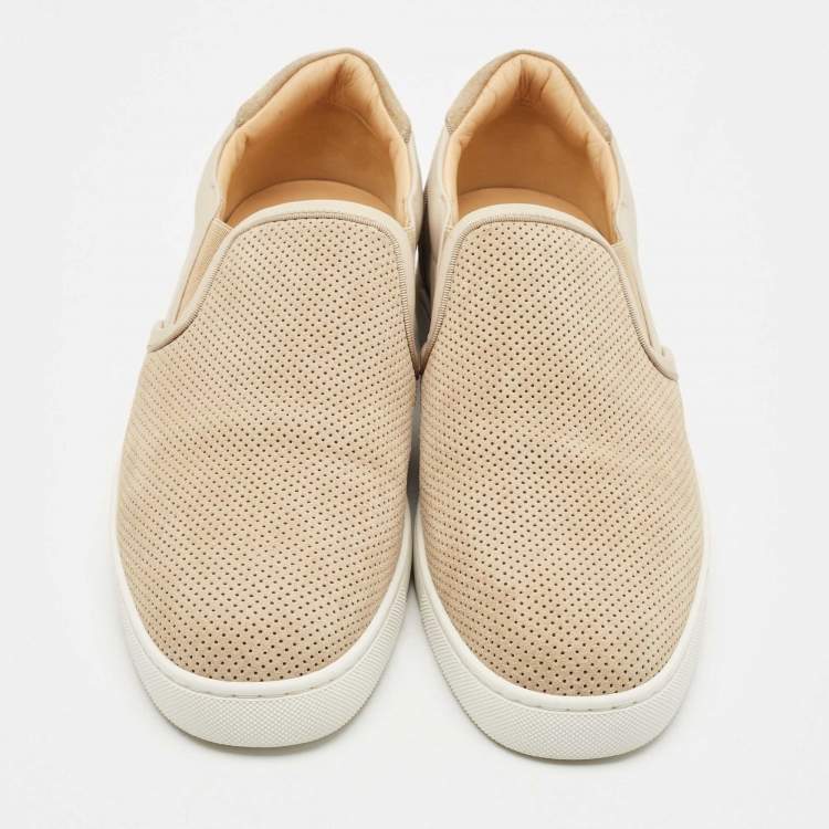 Pre Owned Christian Louboutin Beige Leather and Suede Louis Junior Slip On Sneakers Size 42.5