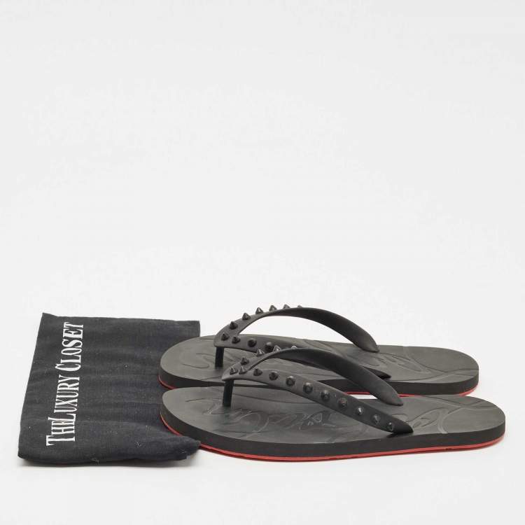 Pre Owned Christian Louboutin Black Rubber Loubi Tonal Spikes Flip Flops Size 41